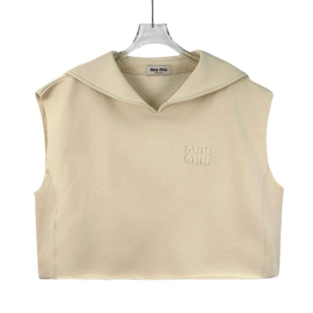 EW0267 MiuMiu Beige Logo Letters Embroidery Cotton Navy Collar Sleeveless Sweats